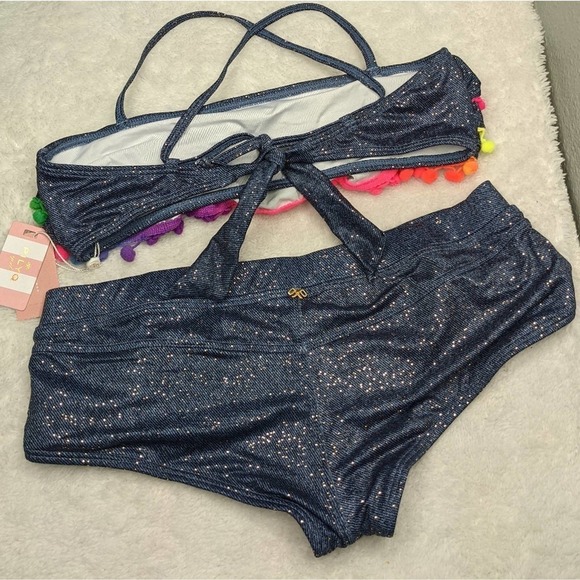 PilyQ Sparkle Denim Pom Pom Ruffle Bikini 16 - Picture 4 of 5